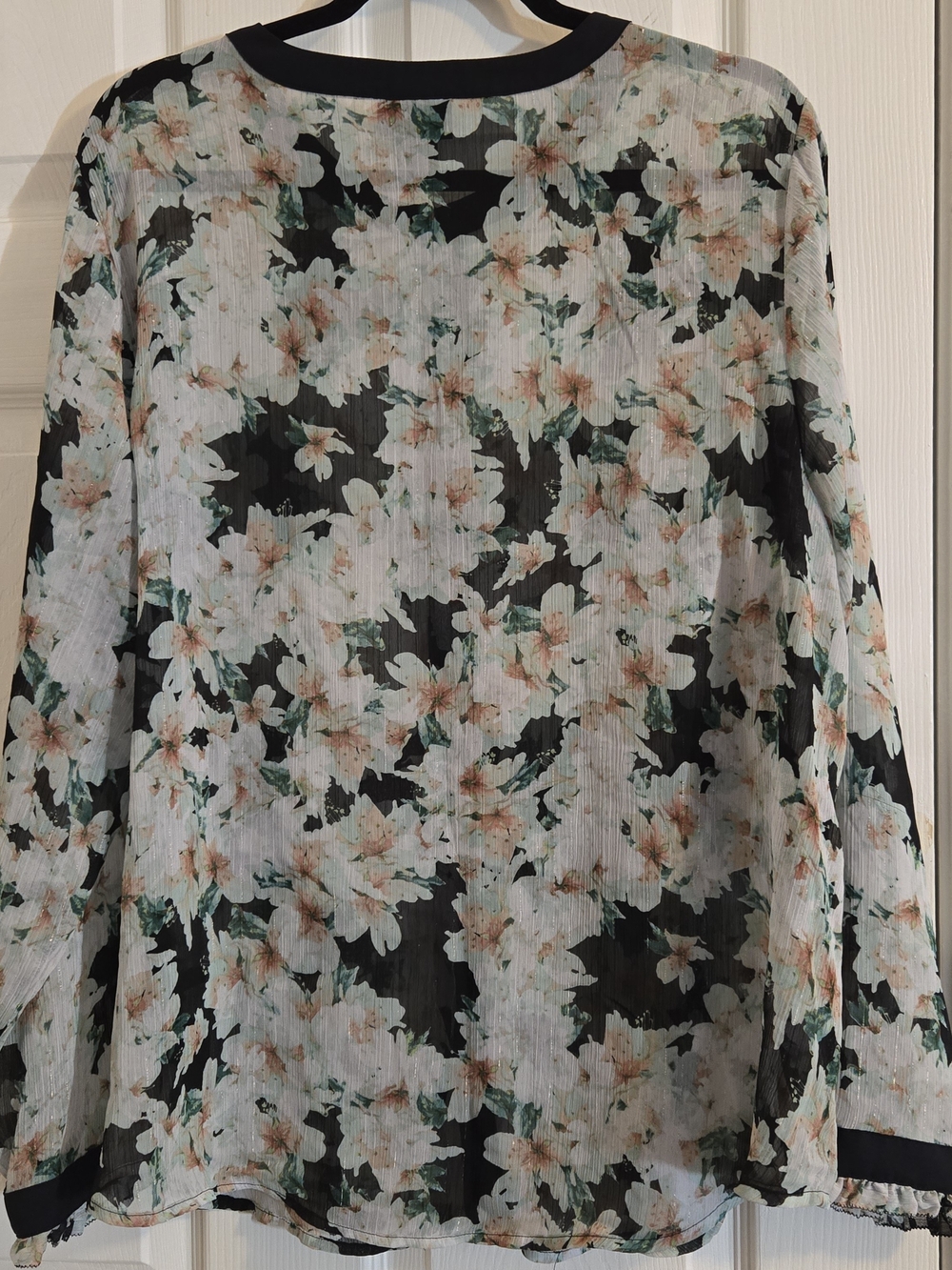 Liz Claiborne Sheer Floral Button Front Blouse - Black, White, Green - Picture 4 of 7